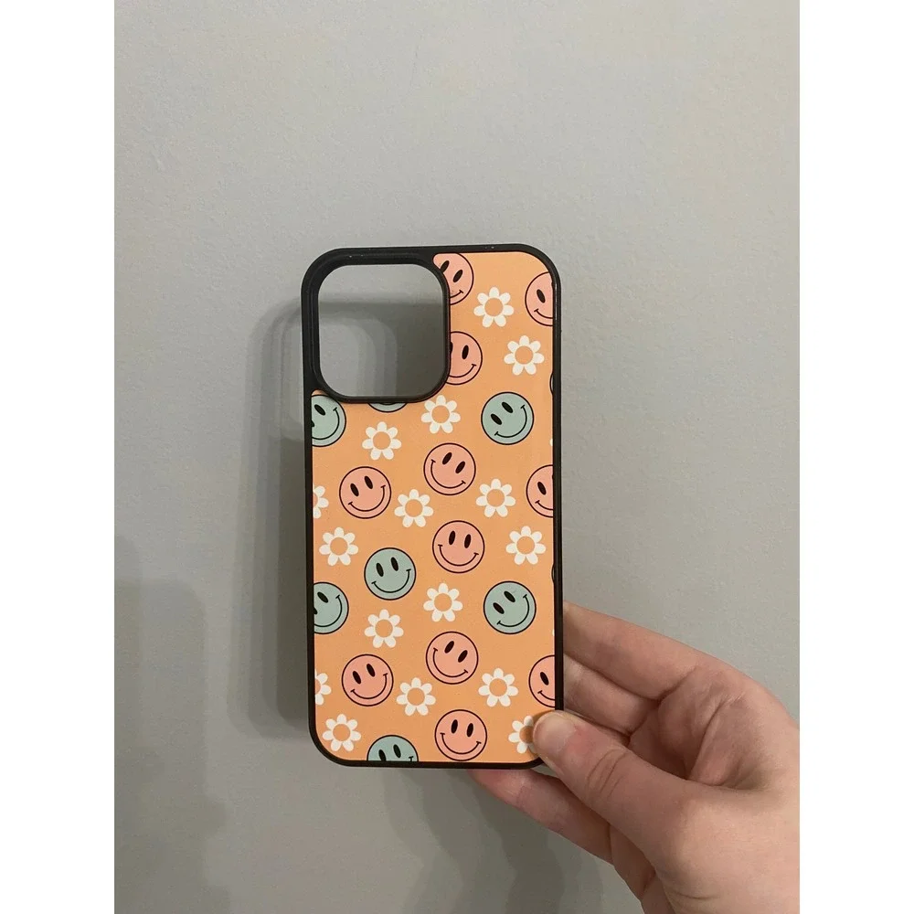 iPhone 14 Pro Max Case Unisex Peach Smiley Face Daisy Retro Y2K Floral Bumper